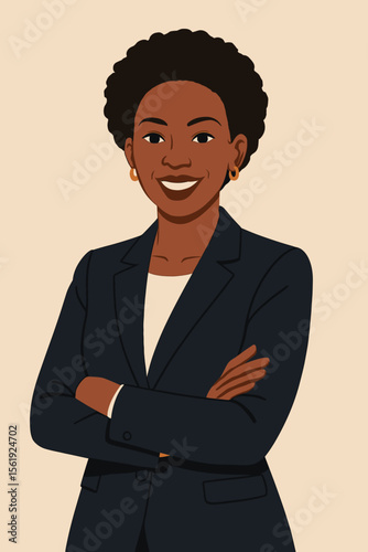 Confident African American Businesswoman in Suit with Crossed Arms. Professional Corporate Female Leader. Modern Flat Vector Illustration. Empowerment, Diversity, Success, Office Concept