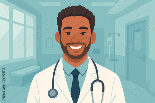 Smiling mixed race male doctor with stethoscope in hospital clinic. African American physician portrait. Healthcare and medicine concept. Modern flat design vector cartoon illustration.