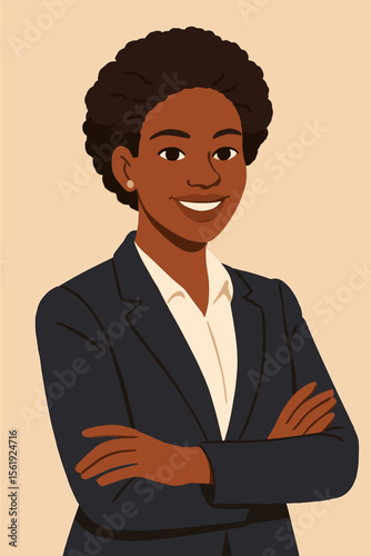 Confident African American Businesswoman in Suit Crossing Arms. Professional Female Executive Leadership. Modern Flat Vector Illustration. Corporate Success, Empowerment, Diversity, Office Concept