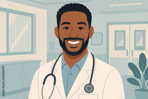Smiling Black male doctor in a hospital clinic. Friendly African American physician or practitioner with stethoscope. Healthcare professional concept. Modern flat vector cartoon illustration.