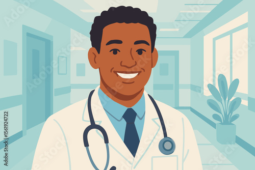 Smiling Black doctor portrait in a hospital corridor. Healthcare professional, friendly physician with stethoscope. Modern flat vector cartoon illustration for a medical concept.