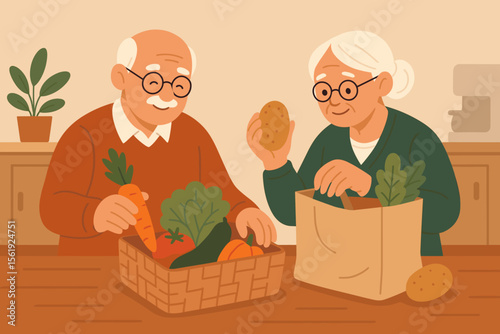 Elderly couple unpacking fresh vegetables after grocery shopping, healthy lifestyle, senior nutrition, home kitchen, organic food, flat cartoon vector illustration, retirement activity concept