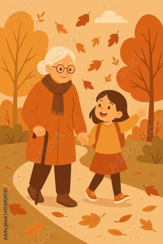 Autumn park walk with senior woman and granddaughter. Generations bonding. Grandmother holding cane, child with backpack. Falling leaves, trees, outdoor family activity. Warm flat vector illustration.
