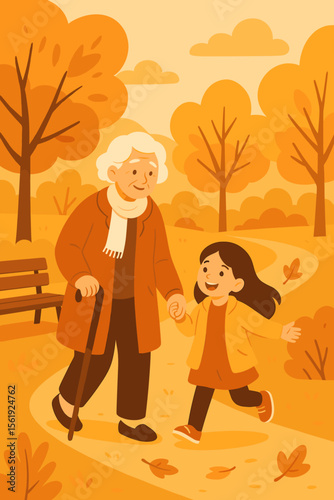 Autumn park walk with elderly woman and granddaughter. Happy family generation bonding, outdoor stroll, fall leaves, nature, love, care, intergenerational relationship, modern flat vector illustration