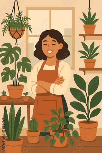 Female plant shop owner in apron surrounded by indoor houseplants. Modern flat vector illustration of small business, urban gardening, plant care, botanical store, greenery, eco-friendly lifestyle