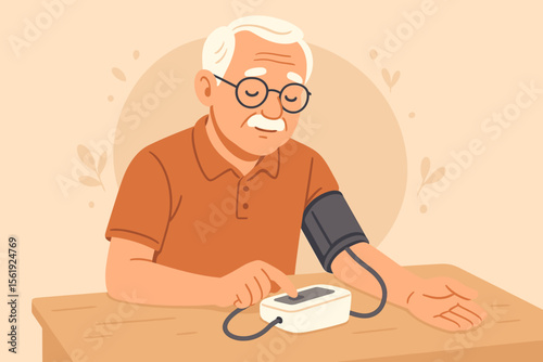 Elderly man using digital blood pressure monitor at home, healthcare self check, hypertension prevention, senior health care, medical device, flat cartoon vector illustration, wellness concept