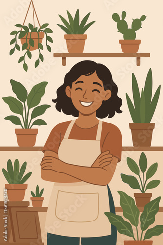 Confident female small business owner in apron standing with crossed arms in cozy indoor plant shop. Modern flat vector illustration. Houseplants, entrepreneurship, gardening, retail store concept