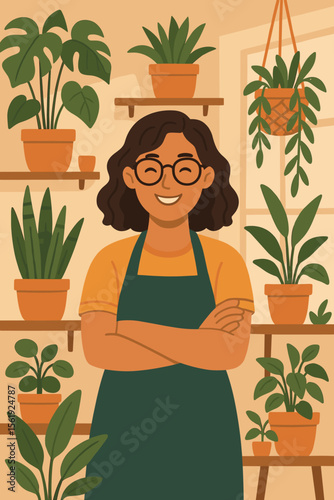 Female plant shop owner standing with arms crossed in botanical store. Indoor gardening, houseplants, small business, entrepreneurship. Modern flat vector illustration. Urban jungle decor.