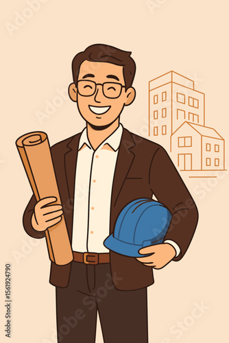 Professional architect holding blue safety helmet and rolled blueprint. Modern vector illustration of construction project manager. Urban building design, engineering, architecture concept