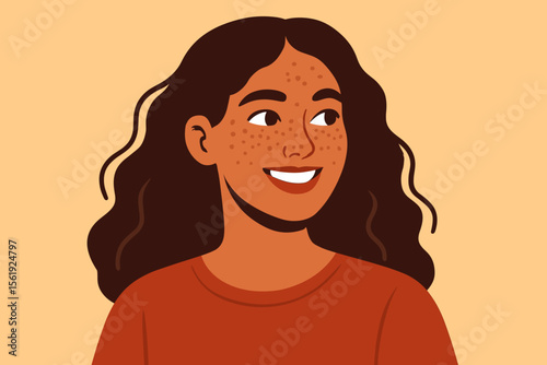 Happy young woman with beautiful freckles, smiling broadly and looking away. Modern flat vector cartoon illustration. Beauty, self-acceptance, and positivity concept.