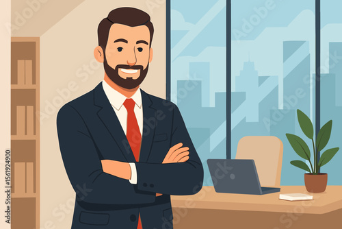 Confident businessman in suit with arms crossed standing in modern office interior, city skyline view, laptop on desk, leadership, executive professional, corporate success, flat vector illustration