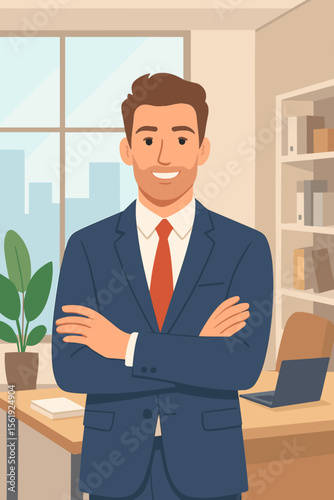 Successful businessman in a suit standing with arms crossed in a modern office. Confident male entrepreneur or manager character portrait. Professional leader. Flat vector cartoon illustration.