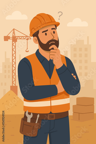 Construction Worker Thinking at Building Site. Engineer in Safety Vest and Hard Hat Contemplating Project. Modern Flat Vector Illustration. Architecture, Planning, Tools, Urban Development Concept