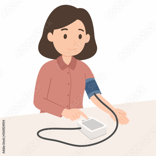 Woman checking her blood pressure with a digital monitor. Vector illustration for themes related to healthcare, wellness, senior lifestyle, and chronic condition management
