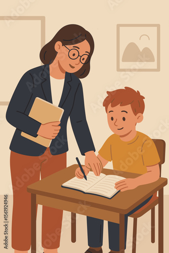 Teacher assisting student with homework at desk in classroom. Modern flat vector illustration of education, learning support, academic guidance, mentoring, school teacher helping child study
