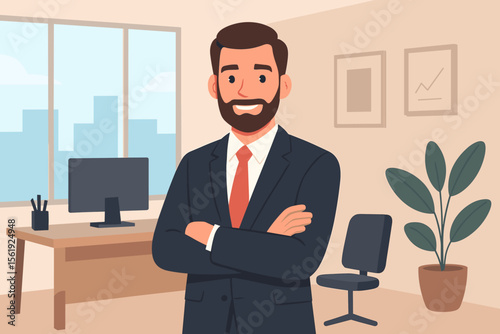 Confident business executive in suit standing with arms crossed in modern office interior. Professional manager, leadership, corporate success, workplace, flat vector illustration, teamwork concept