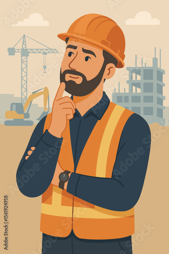 Construction site worker thinking, safety vest and hard hat, decision making, building site background, crane, excavator, unfinished structure, modern flat vector cartoon illustration