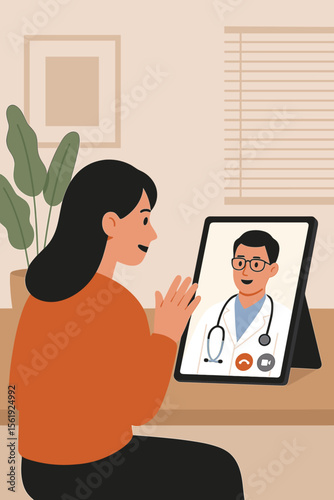 Telemedicine consultation concept. Woman having online video call with doctor on digital tablet. Remote healthcare, virtual medical appointment, telehealth service, modern home interior illustration.