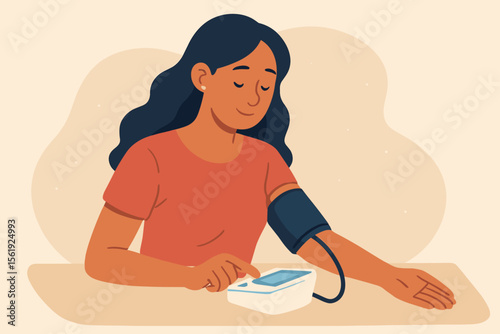 Woman Measuring Blood Pressure at Home with Digital Monitor. Modern Flat Vector Illustration of Healthcare, Hypertension Prevention, Self-Monitoring, Medical Checkup, Healthy Lifestyle Concept