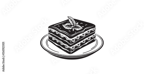 Delicious layered cake with basil garnish on a plate silhouette