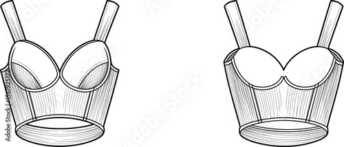 Padded corset style bustier vector sketch, CAD fashion drawing front and back, wide strap crop top with contour seaming details