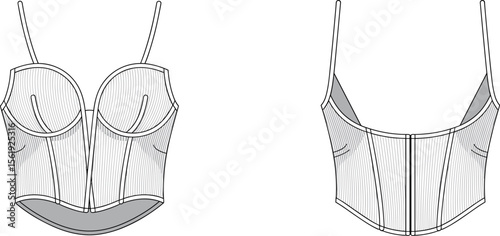Strappy corset top technical fashion sketch, vector CAD drawing front and back view, fitted silhouette with vertical seam details, lingerie inspired