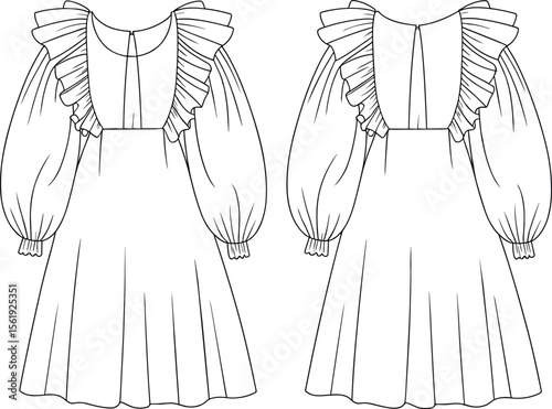 Stylish ruffle sleeve dress CAD drawing, flat vector fashion sketch, garment technical illustration, elegant template design, front and back view.