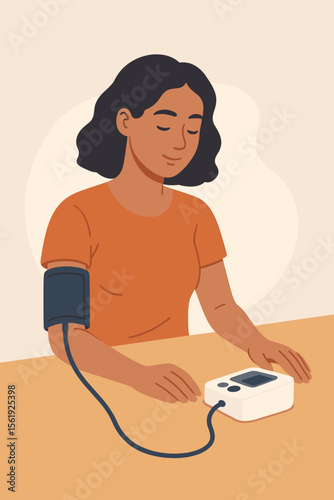 Woman measuring blood pressure with an automatic digital monitor. Home health checkup concept for hypertension control and cardiovascular care. Patient self-monitoring with a tonometer.