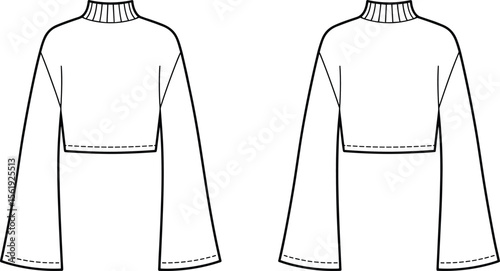 Flared sleeve crop top fashion flat, technical sweater sketch front and back view, detailed cad drawing, vector clothing illustration design