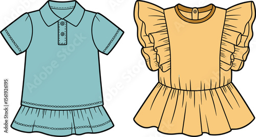 Trendy kids dress polo shirt and ruffle sleeve top flat CAD drawing vector illustration fashion template for girls clothing design