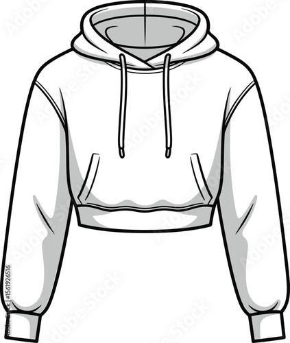 Cropped hoodie sweatshirt with front pocket, drawstring hood, ribbed cuffs and hem, fashion flat sketch, vector cad drawing illustration