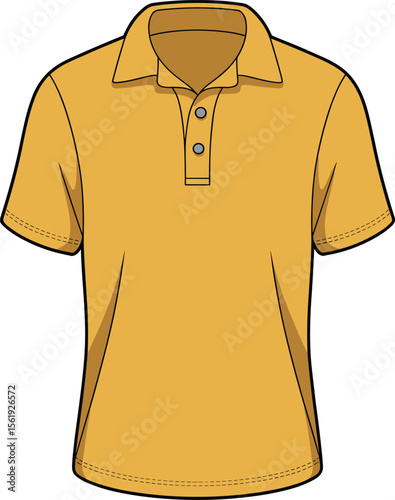 Yellow casual men’s short sleeve polo shirt with collar, front button placket flat CAD drawing vector illustration fashion design template