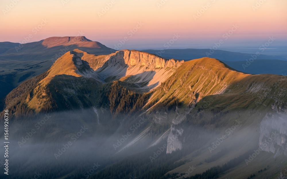 Fototapeta premium Majestic Mountain Peaks Bathed in Golden Sunrise Light Above Wispy Clouds
