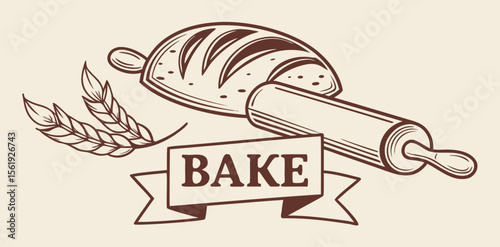 Bakery Logo with Bread, Rolling Pin and 'Bake' Text - Vintage Flat Style Design