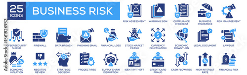 Business Risk icon collection set. Containing design Risk Assessment, Warning Sign, Compliance Checklist, Business Insurance, Risk Management. Solid icon collection