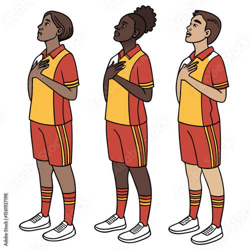 Three athletes singing anthem hands on chest vector