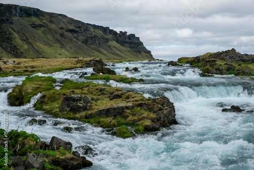 Dynamic Icelandic River with Rushing Water and Mossy Rocks, Leading Towards Distant Green Cliffs Under a Cloudy Sky
