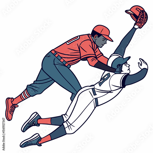 Baseball players diving catching ball action vector