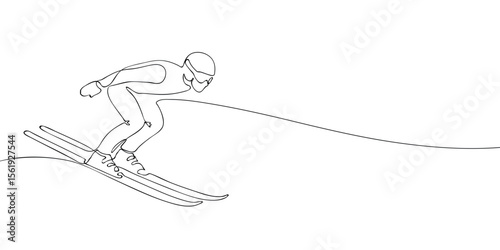 Black and white continuous line drawing of a ski jumper in flight, ideal for winter sports visuals, Olympic content, or Milan Cortina 2026 themes.