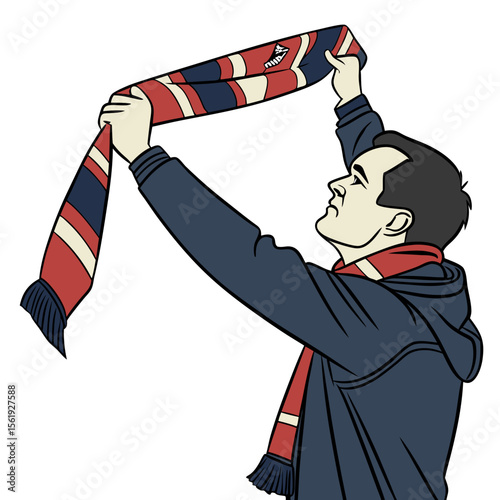 Man holding rugby scarf with red blue and white stripes vector