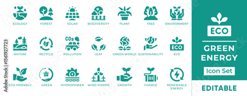 Green Energy Icon Set. Features icons of solar power, wind turbines, eco charging, sustainability, and clean energy. Perfect for eco apps, environment, and energy sectors.
