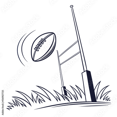 Rugby ball flying towards goalposts on grassy field sports game