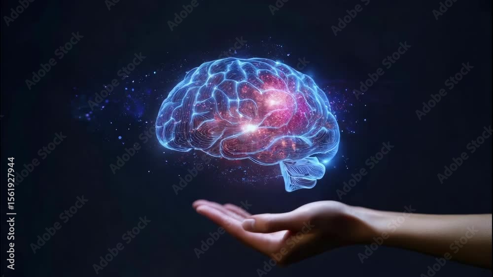Human brain in hand with glowing connections on a dark background. A digital illustration represents knowledge and ideas. Artificial Intelligence, neural network.