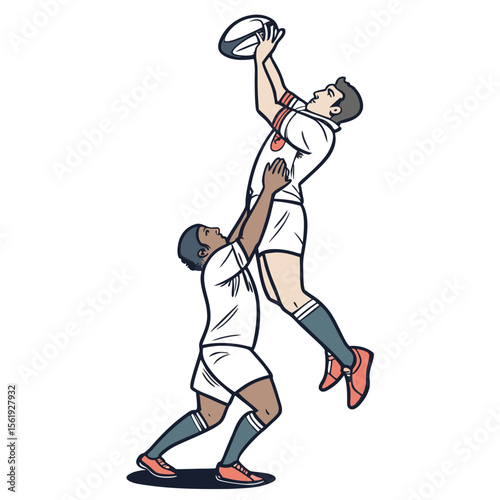 Rugby players jumping for ball during lineout vector