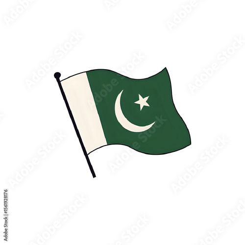 Pakistan Flag: Waving Green Crescent and Star on White Background