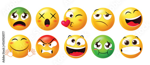 Expressive 3D emoticons featuring a variety of emotions like angry, kissing, happy, tired, confused, and embarrassed. Ideal for chats, reactions, and digital content.