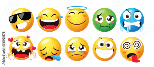 Cute and expressive 3D emoji faces showing joy, sadness, love, dizziness, drooling, coolness, and angelic mood. Ideal for chats, stickers, social content, or UX elements.

