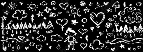Hand-Drawn Doodle Collection: Childlike Sketches, Hearts, Stars, Nature