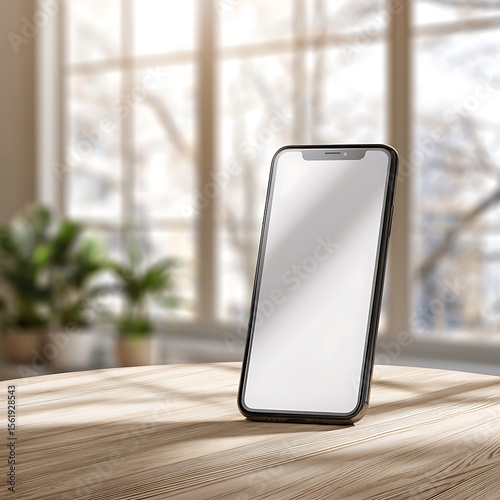 Modern Smartphone Mockup Blank Screen, Wooden Table, Soft Sunlight, Minimalist Style, Cozy Home Office Setting.