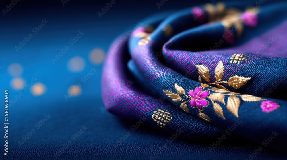 Fototapeta premium A close-up of a rich blue fabric with intricate gold and pink floral embroidery, draped elegantly with a soft bokeh background.